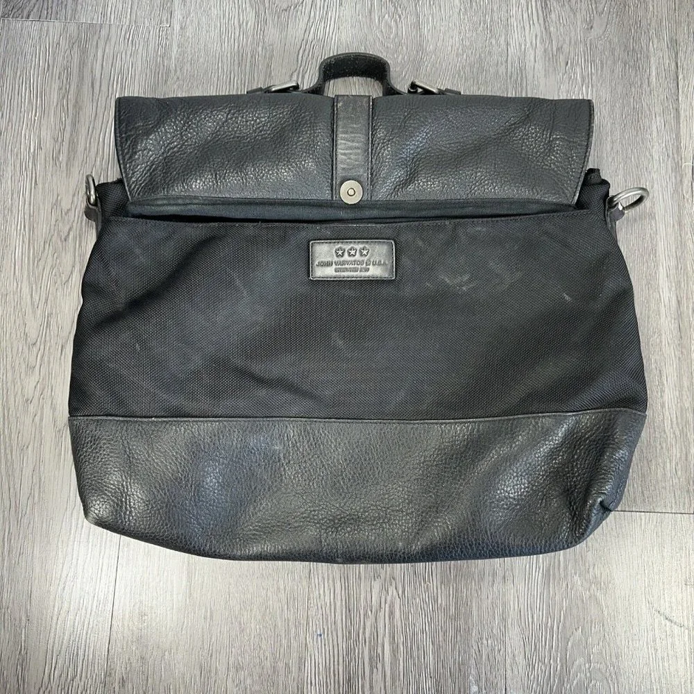 John Varvatos Black Leather Laptop Briefcase Shoulder Messenger Bag Stars READ